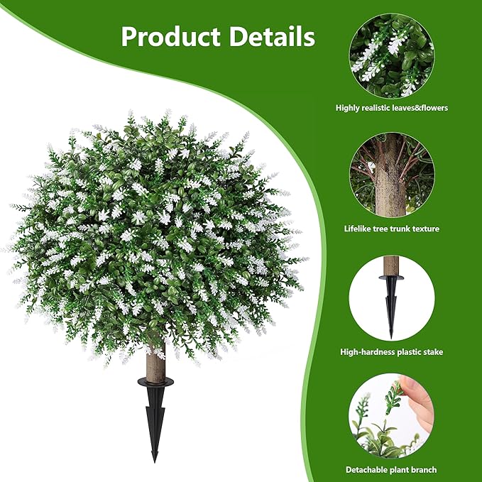 HyeFlora 26'' Artificial Topiary Boxwood Ball Trees with Lavender 2 Pack Fake Plants for Outdoor Indoor Artificial Shrubs with Ground Spike UV Resistant Fake Bushes for Front Porch Garden (White)