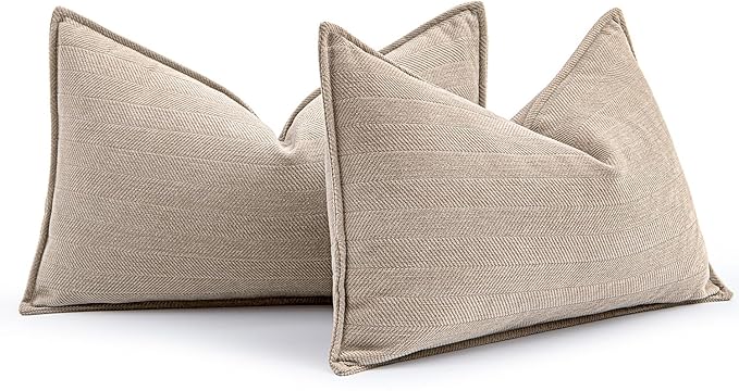MIULEE Pack of 2 Beige Decorative Lumbar Pillow Covers 12x20 Inch Soft Chenille Luxurious Couch Throw Pillows Farmhouse Cushion Covers with Elegant Design for Sofa Bedroom Living Room Home Decor
