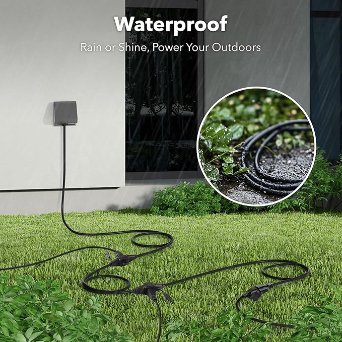 BN-LINK 25 ft Outdoor Extension Cord w/3 Inline Outlets 16/3 Gauge, SJTW for Landscaping & Holiday Decorations, Grounded, ETL Listed(Black)