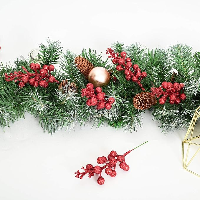 DearHouse 14 Pack Christmas Glitter Berries Stems, 7.8Inch Artificial Christmas Picks for Christmas Tree Ornaments, DIY Xmas Wreath, Crafts, Holiday and Home Decor (Red)