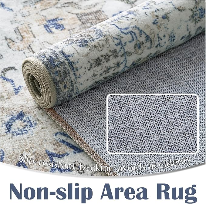 jinchan Kalen Runner Rug 3x8 Washable Area Rug Soft Vintage Indoor Floor Cover Thin Retro Distressed Blue Multi Carpet Floral Print Country Non Slip for Bathroom Kitchen Bedroom Living Room