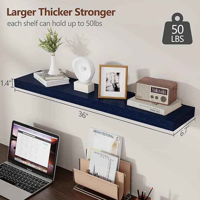 fuqing Dark Blue Floating Shelves 36 Inch, Solid Wooden Wall Shelves Set of 2, Rustic Floating Wall Shelves for Decor & Storage for Living Room Bedroom Bathroom