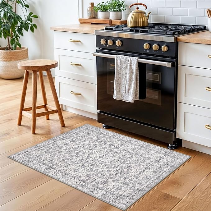 2x3 Washable Rug Soft Area Rug for Entryway, Grey Non-Slip Indoor Door Mat Distressed Floral Low-Pile Kitchen Rugs, Neutral Vintage Carpet for Entrance Kitchen Bedside Farmhouse