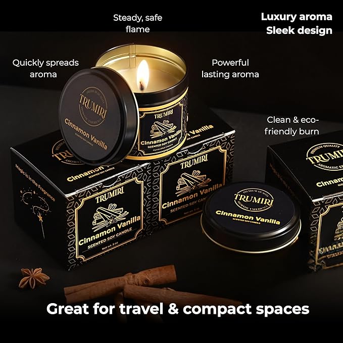 Vanilla Candle with Cinnamon Strong Scented Soy Candel Clean Non Toxic Velas Aromáticas for Women Gift for Fall Christmas Holidays Pack of 3 5Oz Decorative Tin Jars with Lids