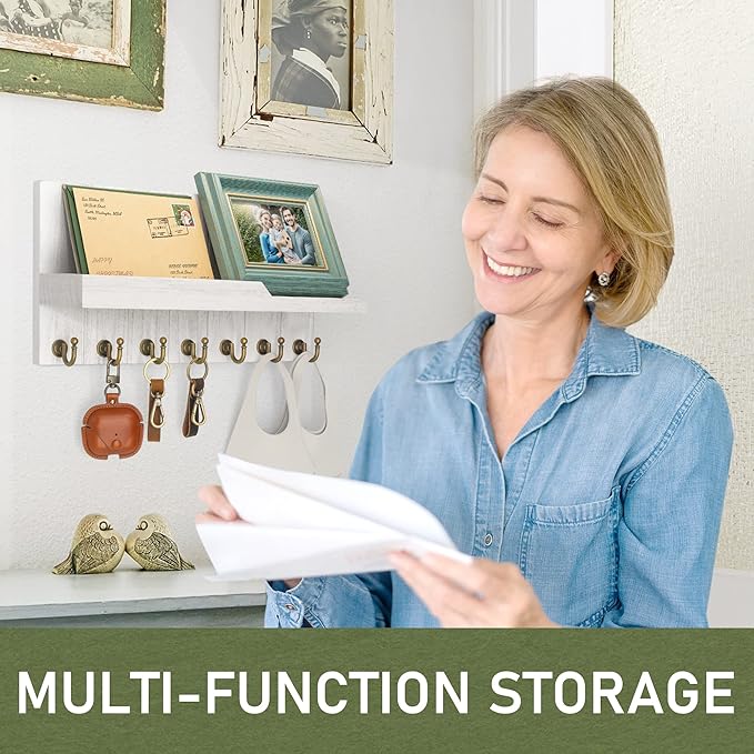 Rebee Vision Decorative Key and Mail Holder for Wall - Farmhouse 15 Inches Floating Shelf with 7 Sturdy Key Hooks for Home Entryway Wall Decor - Rustic Key Racks (White,15-inch)