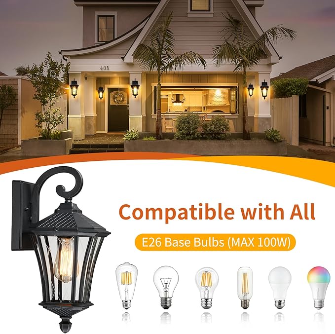 YSN 16'' Large Outdoor Wall Lights 2 Packs, Black Exterior Lighting Fixture Outdoor Sconce Lights, Waterproof Outside Lights for House with E26 Socket, Outdoor Lanterns for Porch, Garage, Farmhouse