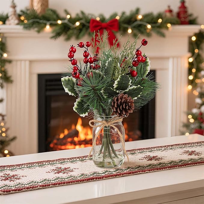 Christmas Artificial Flowers with Vase, Small Christmas Decorations with Pine Branches Red Berry Stems, Greenery Decorations Pines Stem with Cones Holly Berry Leaves for Xmas Home Holiday Season Decor