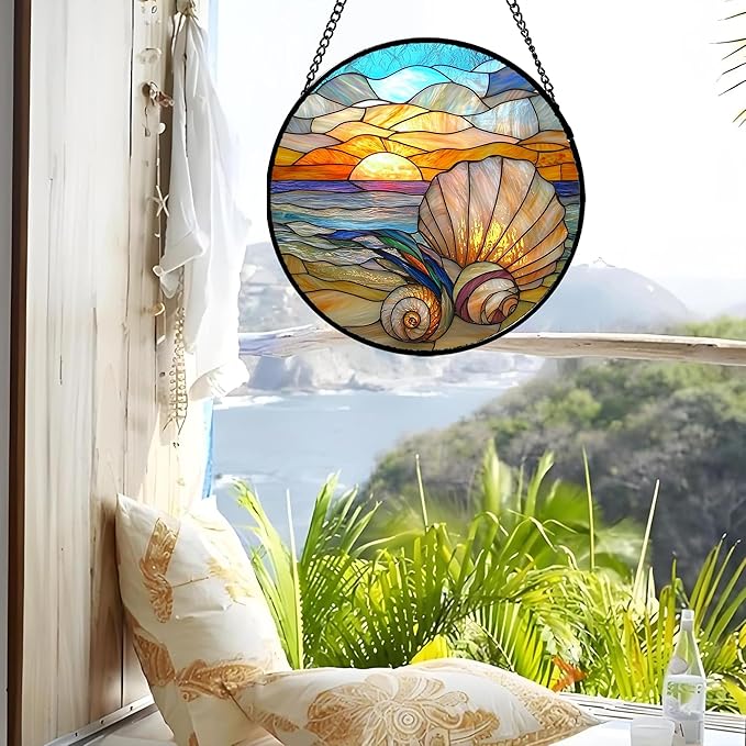 Stained Glass Window Hanging - Colorful Beach Shells Conch Sun Catcher for Door Home Decor Ocean Suncatcher Christmas Mother's Day Birthday Sea Lover Gifts for Women Men Mom Nana 7.8 in