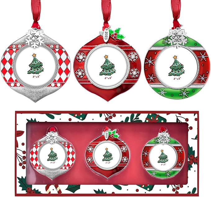 2025 Christmas Tree Ornaments 3 Piece Picture Frame Hanging Ornament Decorative Holiday Keepsake Gift Snowflake Pendant with 2” Photo Frame Insert for Picture of Pet (Red Green Gift Set)