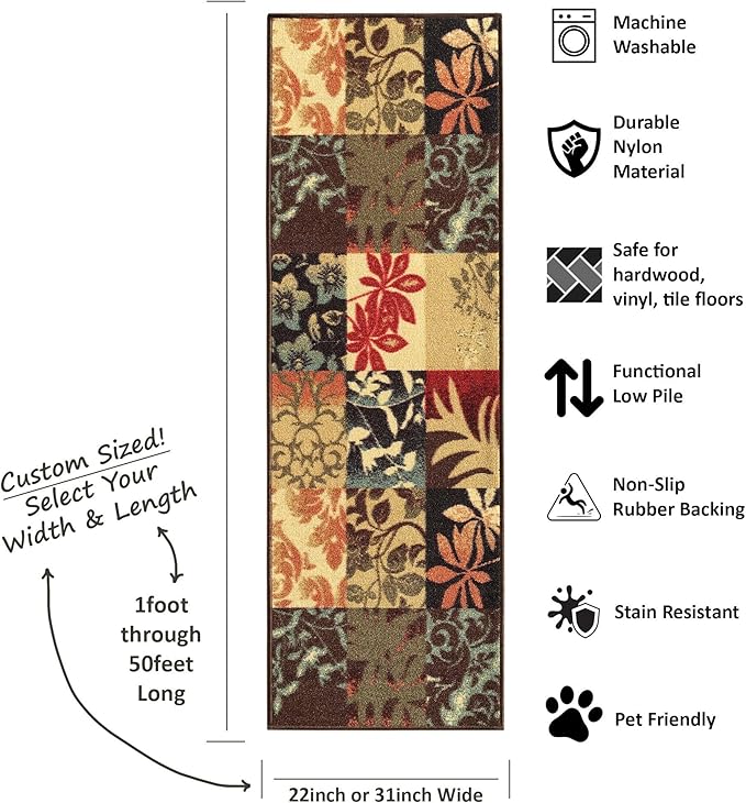 Custom Size Brown Floral Boxes Rubber Backed Non-Slip Hallway Stair Runner Rug Carpet 22 inch Wide Choose Your Length 22in X 2ft