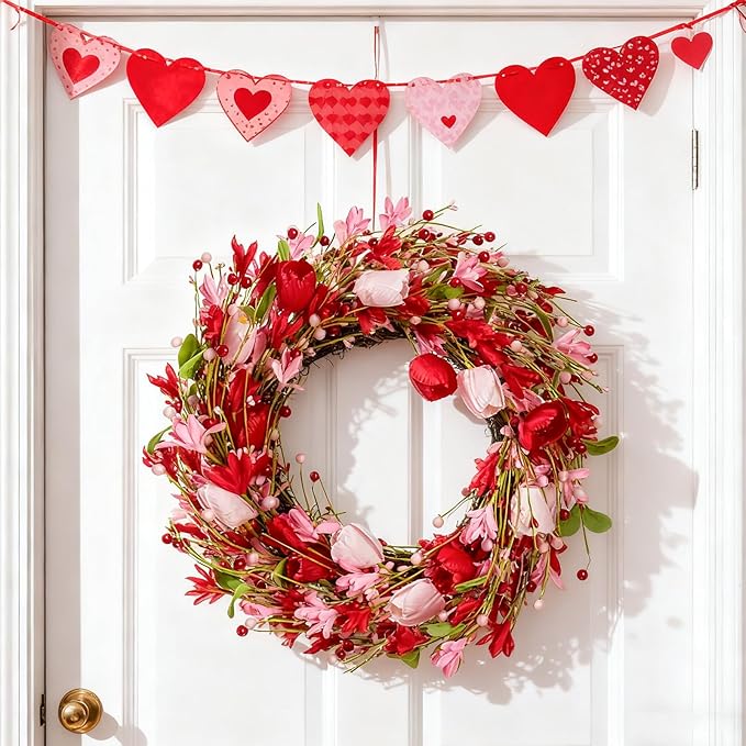 WDS WONDROUS 18.8 Inch Valentine's Day Wreath, Red Pink Tulip Floral Wreath with Berry Accents for Front Door Decor, Spring Wedding Anniversary Party Decoration