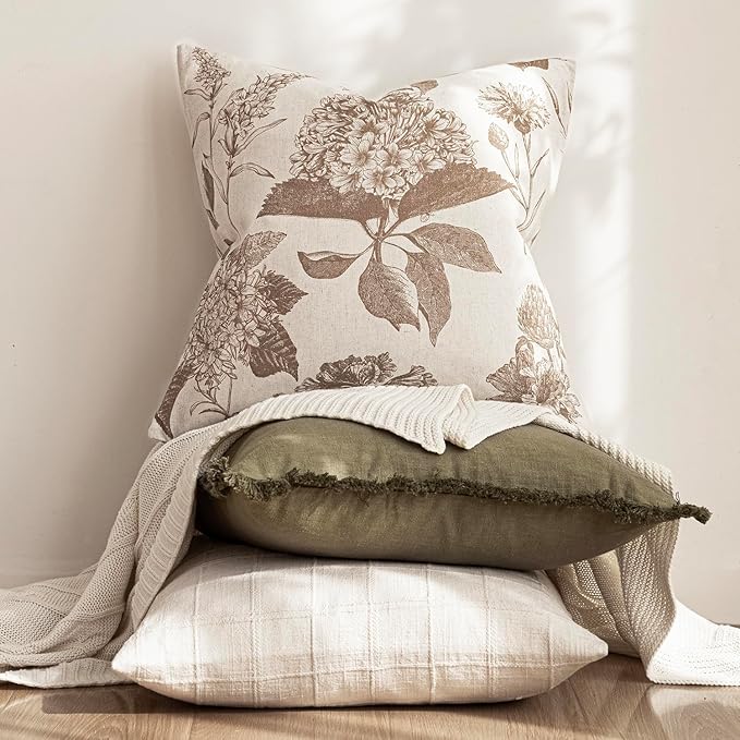 Foindtower Set of 2 Linen Floral Throw Pillow Covers Neutral Vintage Print Decorative Cushion Covers Farmhouse Boho Home Decor for Sofa Chair Couch Bedroom Living Room,24×24 Inch,Light Brown