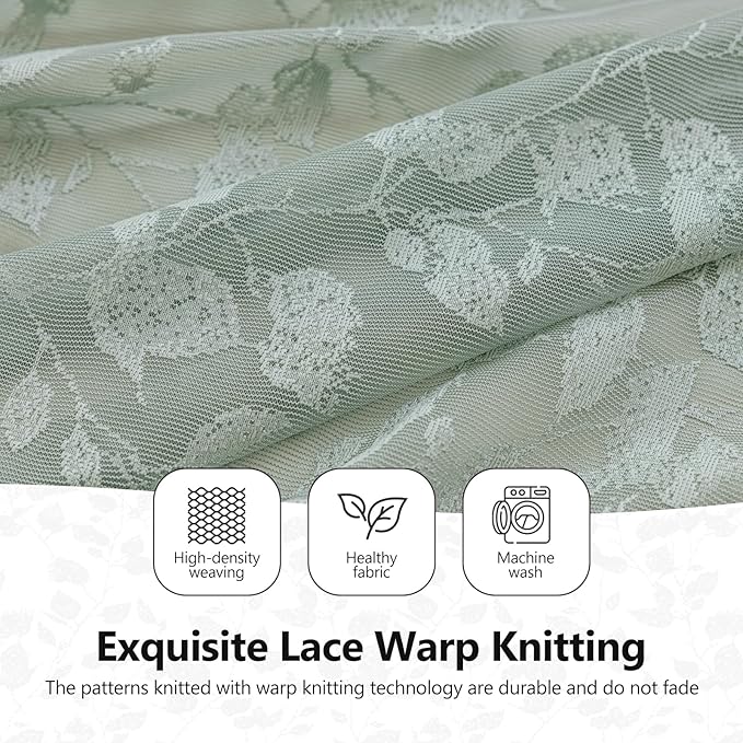 Sage Green Lace Semi-Sheer Curtains – Vintage Leaf Pattern Lace for Bedroom/Bathroom, Light Filtering Rod Pocket Drapes, Privacy Chic Window Treatments, 52W x 72L Inch, 2-Panel Set