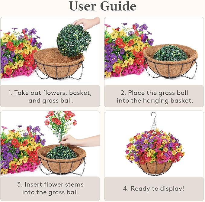 Lifewit Artificial Hanging Daisy Flowers Baskets for Outdoor Decor, 2 Sets for 24 Bundles, Plastic Fake Flowers for Indoor Garden Porch Patio Balcony, Mix for Fuchsia Purple Yellow Red
