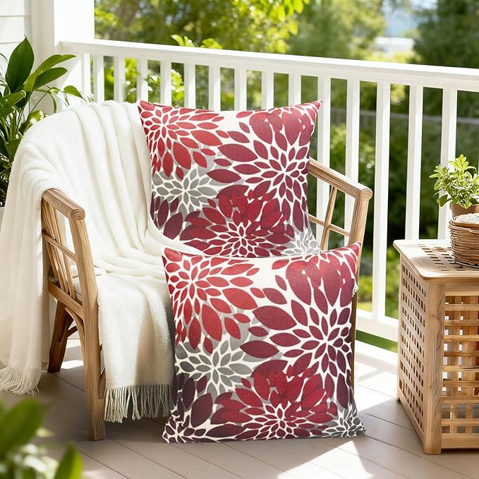 Decorative Throw Pillow Covers Set of 2 Wine Red Pillow Covers 20x20 Inch Couch Pillow Covers for Sofa Living Room Outdoor Throw Pillow Cover Linen Square Floral Flower Farmhouse Pillowcase