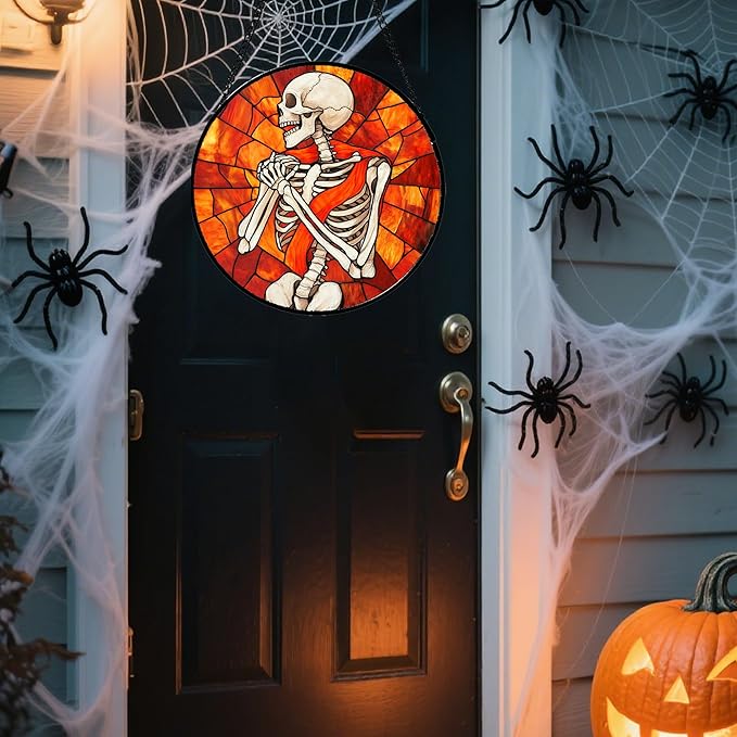 Stained Glass Window Hanging - Halloween Decorations Fear Skeleton Suncatcher for Doors Garden Indoor Spooky Funny Sun Catchers Gothic Decor Horror Gifts for Women Men Friend 15 in