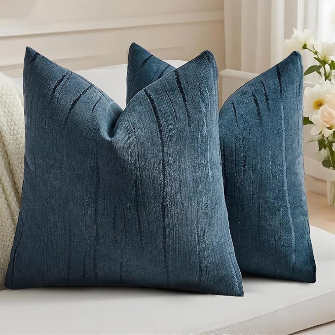 HAUSSY Navy Blue Throw Pillow Covers 18x18 Inch Set of 2, Boho Embossed Striped Textured Decorative Pillowcases Soft Chenille Cushion Cases, Modern Home Decor for Couch Bed Living Room
