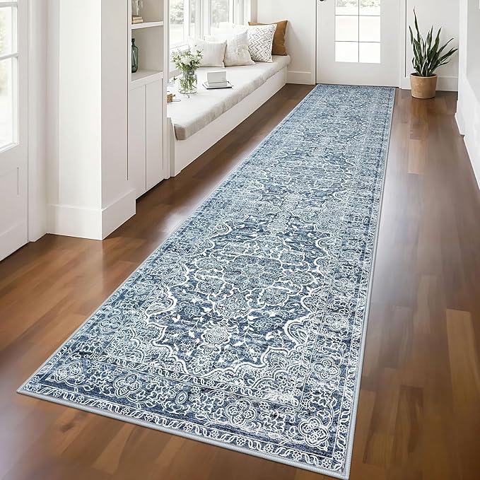 KUTA Vintage Floral Washable Runner Rug 2.6x12, Non-Slip Hallway Kitchen Rugs Blue White with Rubber Backing,Ultra Soft Printed Distressed Modern Extra Long 12ft Carpet Runners Indoor for Bedroom
