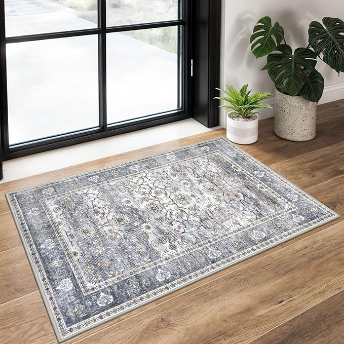KUTA Vintage 2x3 Entryway Rug, Washable Kitchen Rugs & Ultra Thin Soft Throw Rug, Non-Slip Floral Distressed Print Grey Blue, Perfect for Front Door, Bedside, or Small Spaces