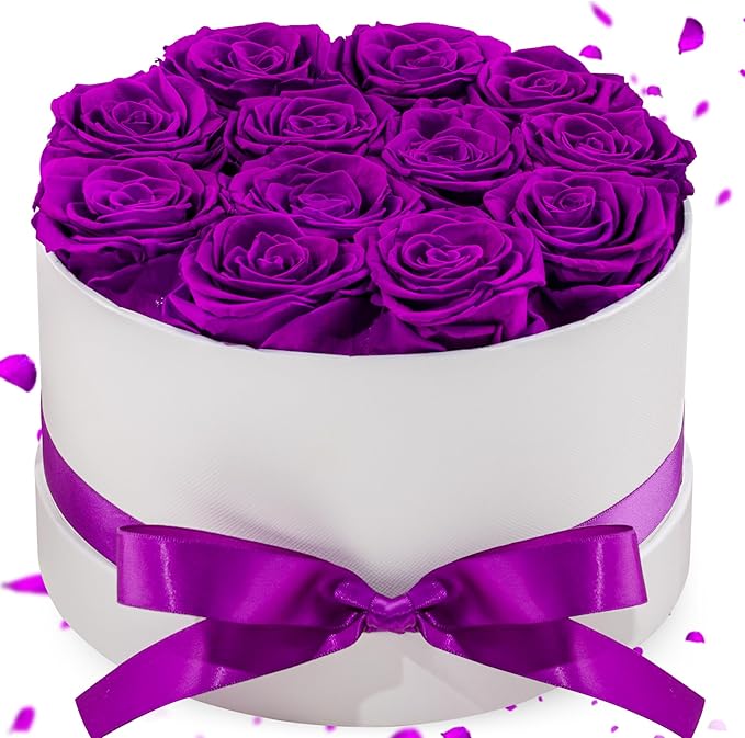 Preserved Roses in a Box, Blooming Real Roses Decor, Eternal Flowers for Delivery Prime, Best Gifts Birthday, Wedding, Anniversary, Mother's Day for Her, 12-Pieces (Purple)