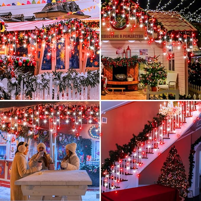 XURISEN 66ft Christmas Lights Decorations Outdoor, 640 LED 8 Modes Curtain Fairy Lights with 120 Drops,Plug in Waterproof Timer Memory Function for Christmas Holiday Wedding Party Decor(Red+White)
