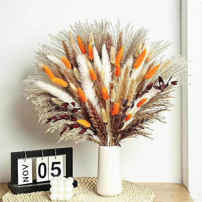 Dried Pampas Grass Bouquet Boho Rustic Wedding and Home Table Wedding Rustic Decor Natural Floral Arrangement 17inch (Burnt Orange)