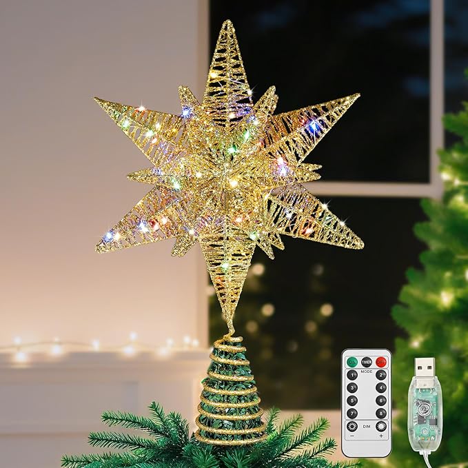 Lewondr Christmas Star Tree Topper, USB Powered Remote Controlled 11 Inch Multilayer Hexagonal Tree Topper Christmas Decor with 8 Light Modes for Home Holiday Xmas, Timer Function, Colorful, Gold