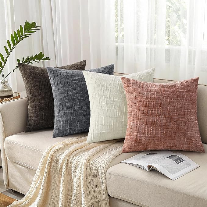 decorUhome Pink Chenille Throw Pillow Covers 18x18 Set of 2 Thick Textured Slubby Couch Pillow Covers Farmhouse Accent Modern Neutral Decorative Pillow Cases for Bed Sofa Living Room