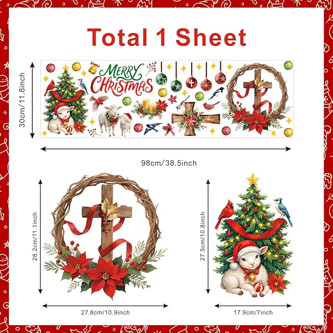 Merry Christmas Window Clings,Christian Christmas Window Stickers Sheep,Christian Jesus Wall Decals,Xmas Religious Cross Wall Stickers for Party Home Living Room Bedroom