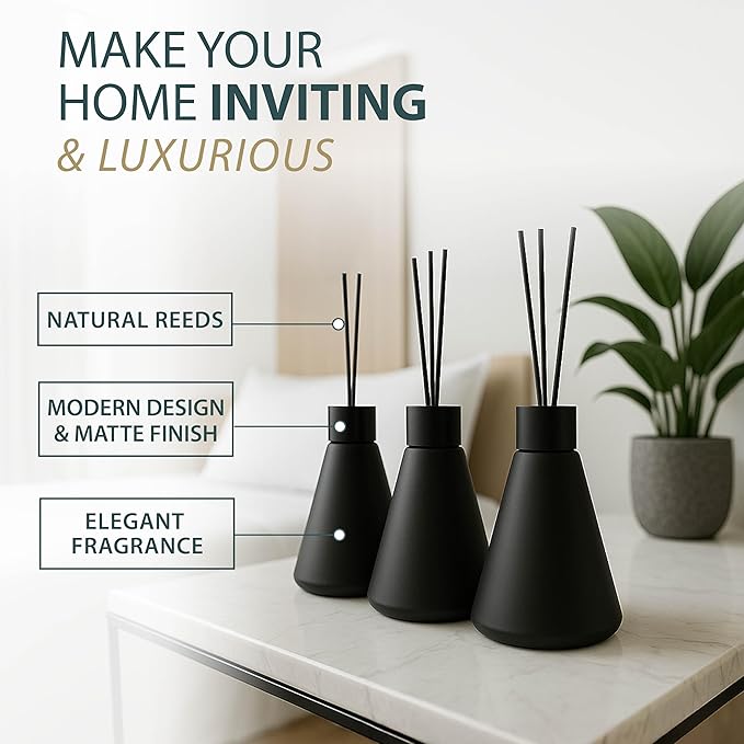Mega Handles Reed Diffuser Sets (50ml) - 3 Pack White Flower Scent Bathroom Diffuser, Elegant Reed Diffuser for Shelf Decor, Decorative Air Freshener for Large Rooms - Matte Black