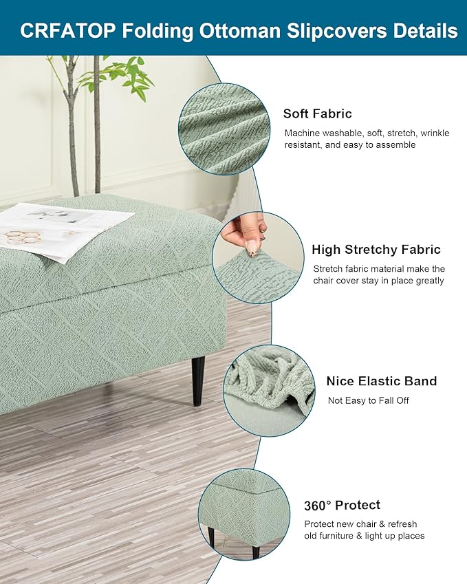 CRFATOP Jacquard Rectangle Ottoman Stool Cover Stretch Folding Storage Footstool Bench Slipcovers Upholstered Foot Chest Chair Covers Washable Entryway Furniture Protector with Elastic Bands,M,Green