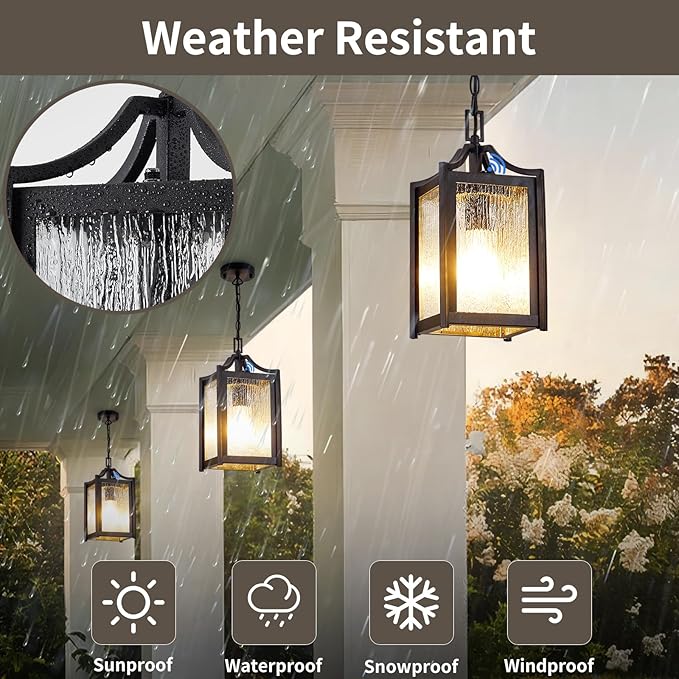 Outdoor Pendant Lights, Dusk to Dawn Modern Outdoor Porch Chandelier Lantern with Sensor, Black Exterior Hanging Porch Light with Raindrop Glass, Adjustable Long Chain, OS-KY1003