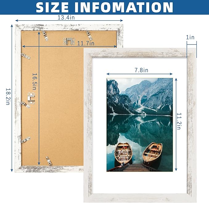 A3 Frame Set of 2, Distressed White Wood Style - Display Pictures A4 with Mat or 11.7x16.5 without Mat, Wall Mounting Horizontal and Vertical