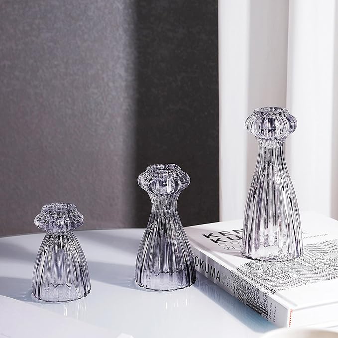 Lysenn Glass Candle Stick Holder Set of 3 – Premium Taper Candle Holders for Romantic Ambiance - Candle Sticks Holder Decor for Special Occasions - Smoke Gray