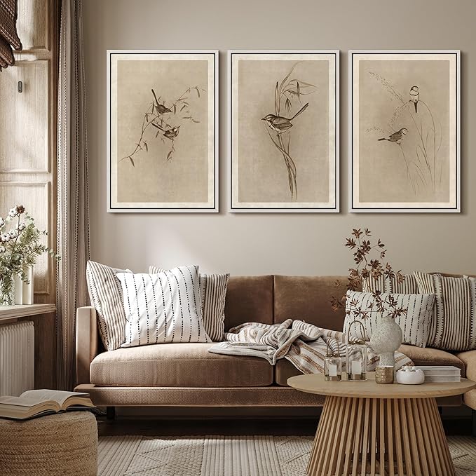 MUDECOR Framed Wall Art Print Set Vintage Bird Wheat Ear Illustrations Modern Art Boho Decorative Colorful Chic for Living Room, Bedroom, Office - 24"x36"x3 White