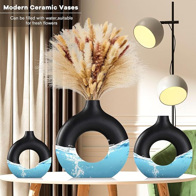 Black Ceramic Vases -for Modern Home Decor,Black Round Vase Set 3 Matte Design Minimalist Nordic Boho Style for Wedding Dinner Table Living Room Office Bedroom, Decorative Gift