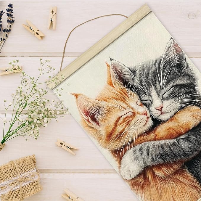 Giosve Cat Wall Art Framed Decor, Cute Cat Poster, Cute Canvas Wooden Frames Poster Hanging Wall Art Decor for Home Bedroom Living Room, 12x16 inch