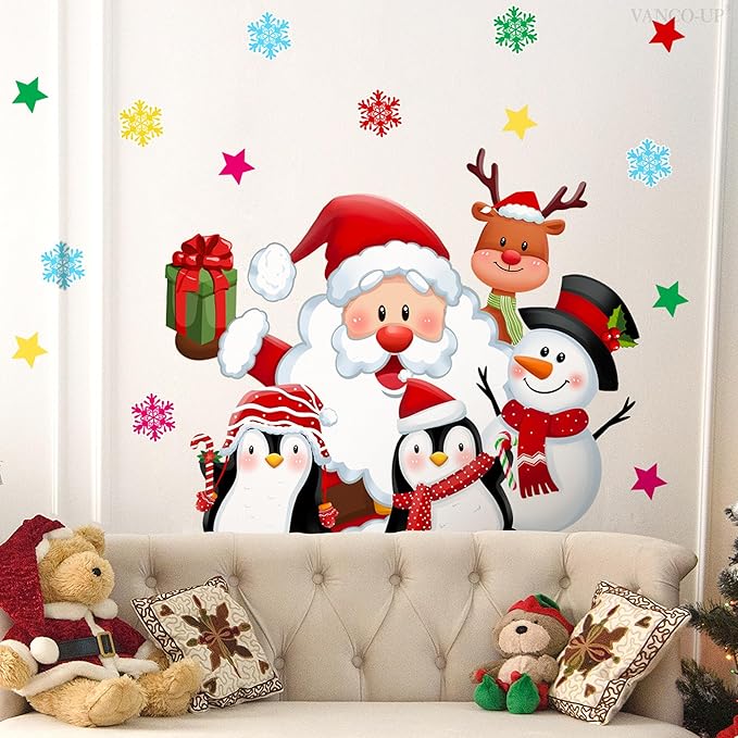Christmas Wall Stickers Decor- Flower Wall Decals Peel and Stick Xmas Santa, Reindeer, Gifts Removable Wall Art for Home Party Office Classroom Winter Holiday (E)