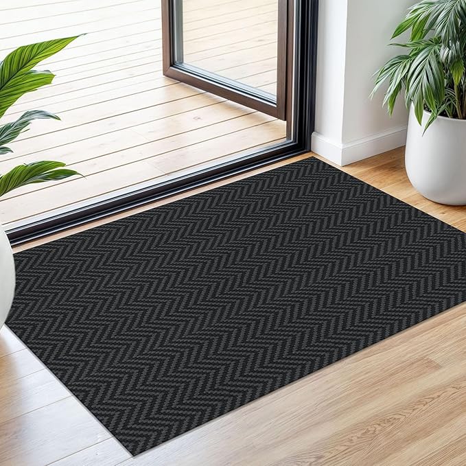 Small Area Rugs 2x3 Ft Washable Rugs for Entryway Non Slip Kitchen Mat Cotton Woven Door Mat Indoor Entrance Front Door Rugs for Foyer Bathroom Kitchen, Black/Grey