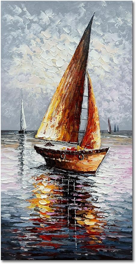 zoinart Sailboat Oil Paintings on Canvas 24x48 Inches Modern Abstract Vertical Wall Art Sailing Boat On The Sea Acrylic Artwork Living Room Bedroom Home Decorations