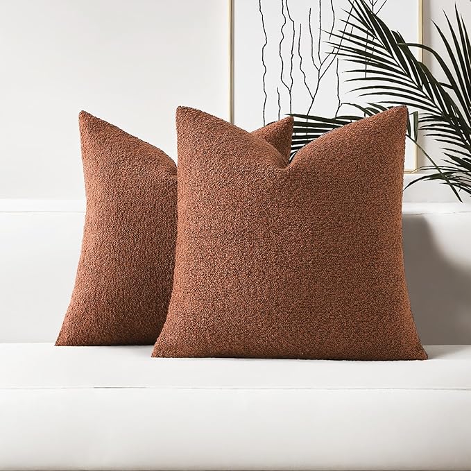 HAUSSY Set of 2 22x22 Decorative Throw Pillow Covers, Soft Cozy Textured Boucle Couch Cases, Home Decor for Couch Bed Living Room, Rust