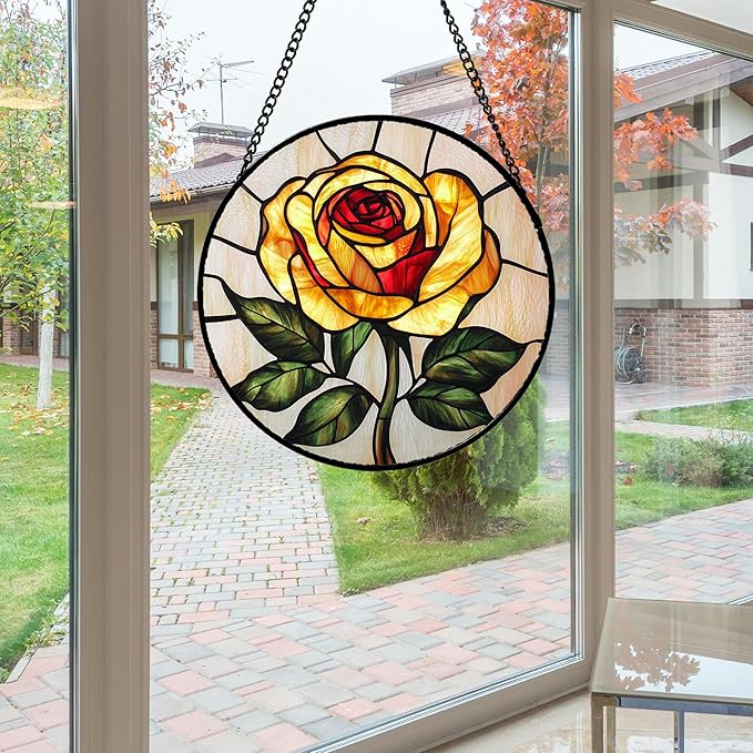 Stained Glass Window Hanging - Elegant Yellow Rose Flower Sun Catcher for Door Garden Home Decor Suncatcher Christmas Mother's Day Birthday Gifts for Women Mom Girl Nana Friend 9.8 in
