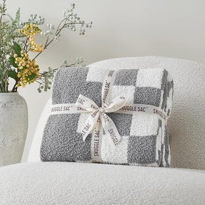 Snuggle Sac Checkered Bedding Blanket Twin Size 60x80, Super Soft, Cozy Warm Knit Blankets, Reversible Breathable Lightweight Fluffy Throws for Sofa, Bed, Checkered Grey, 60x80 Inches