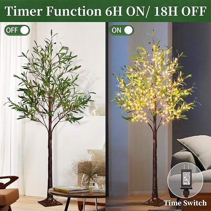 Artificial Lighted Olive Tree, Vanthylit 6ft Faux Plant Tree with 300 LED Fairy Lights, Prelit Fake Eucalyptus Greenery Tree Light with Leaves and Fruits Indoor Outdoor Home Bedroom Christmas Decor