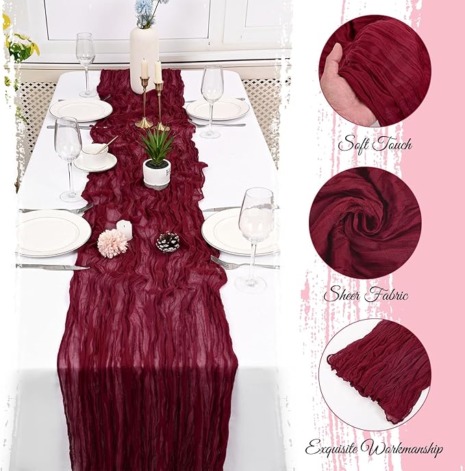 25 Pack Burgundy Cheesecloth Table Runner 17 x 108 Inch Fall Thanksgiving Boho Rustic Farmhouse Gauze Cheese Cloth Runner for Wedding Party Baby Shower Home Decor Holiday Decorations