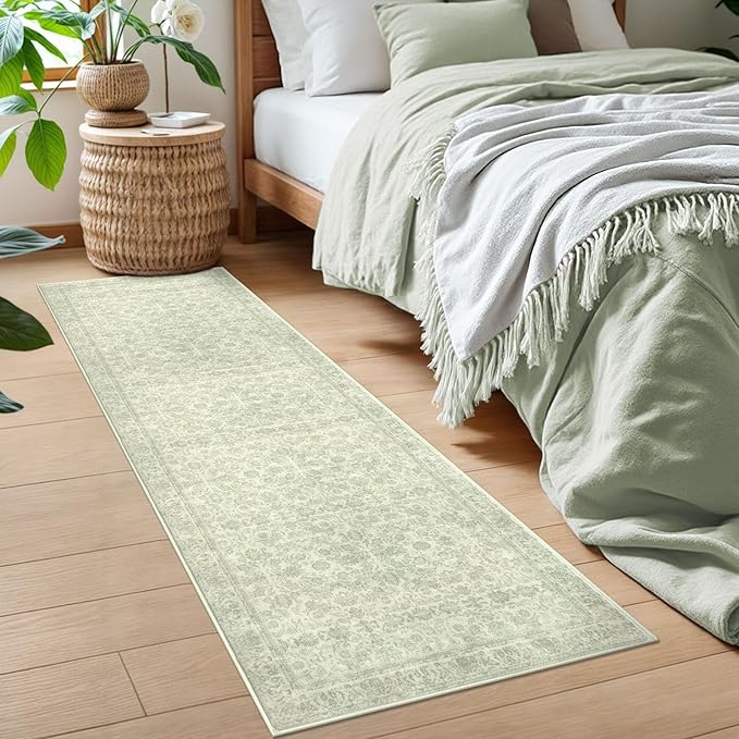 2x6 Washable Runner Rug for Hallways, Light Sage Green and Ivory Soft Neutral Vintage Kitchen Rugs with Non-Slip, Non-Shedding Distressed Floral Rug for Bedroom Kitchen Porch Laundry Entryway