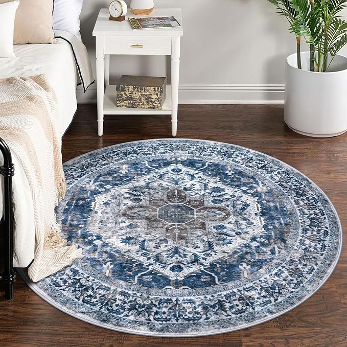 KOZYFLY Round Rug 5 Ft Rugs for Entryway Washable Circle Entrance Rug Non Slip Round Doormat Indoor Printed Faux Wool Round Front Door Mat Floor Carpet for Backdoor, Entryway, Bedroom, Blue