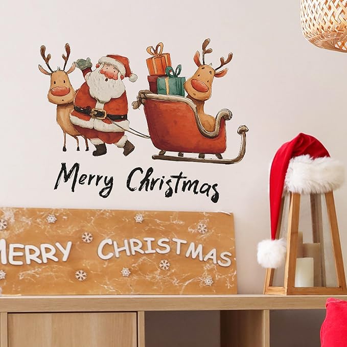 Christmas Wall Stickers Decor- Flower Wall Decals Peel and Stick Xmas Santa, Reindeer, Gifts Removable Wall Art for Home Party Office Classroom Winter Holiday (B)