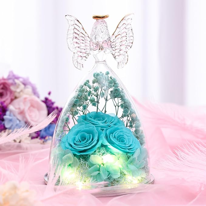 Christmas Rose Gifts for Women Preserved Real Flower in Glass Angel Figurines Roses for Delivery Prime Birthday Gifts for Mom Grandma Girlfriend Wife Her - Tify Blue
