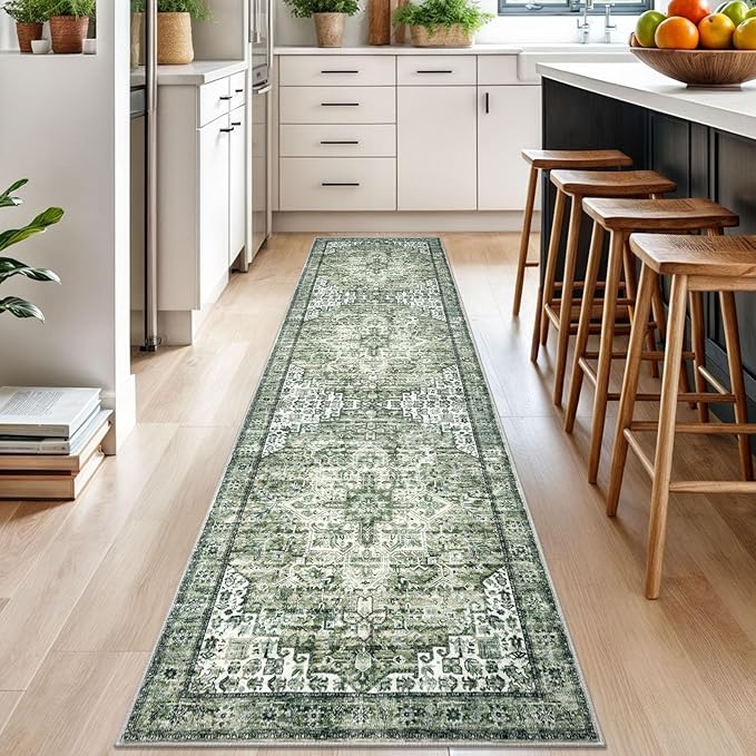 2.6x10 Washable Rug for Entryway, Green Soft Printed Area Rug, Non-Slip Kitchen Rugs, Low-Pile Medallion Indoor Door Mat, Small Farmhouse Carpet for Entrance Kitchen Foyer Bedside